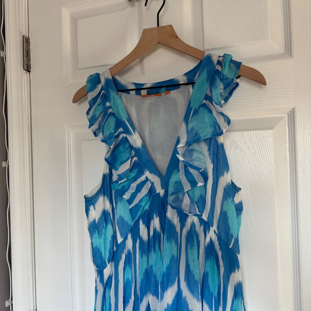 OLIPHANT  Blue White Ruffle V-Neck Maxi Dress Sleeveless Tiered Cotton M - Picture 3 of 8